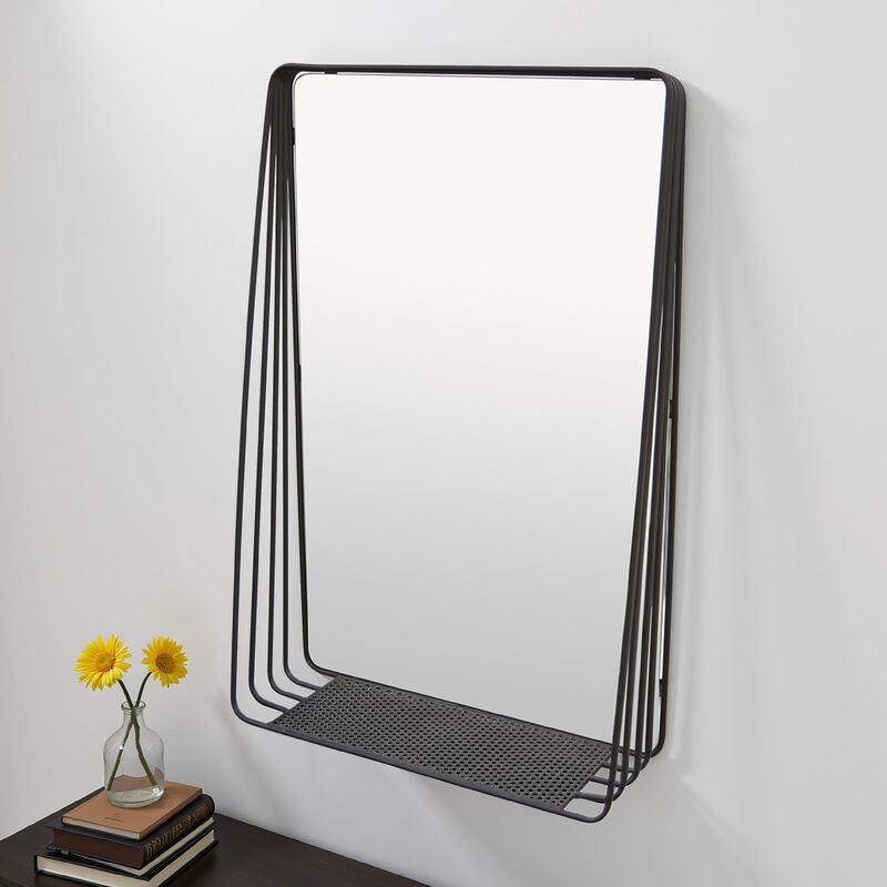 3pc Decorative Wall Mirror with Shelf Set, Black Metal Rectangular - Benzara