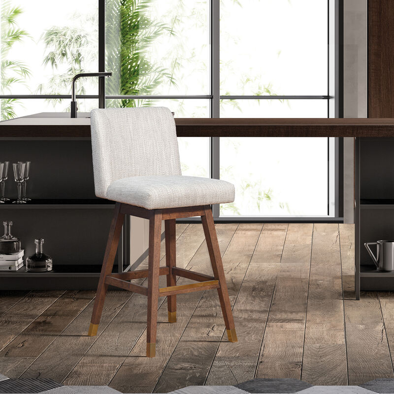 Basila Swivel Stool in Brown Oak Wood Finish with Beige Fabric