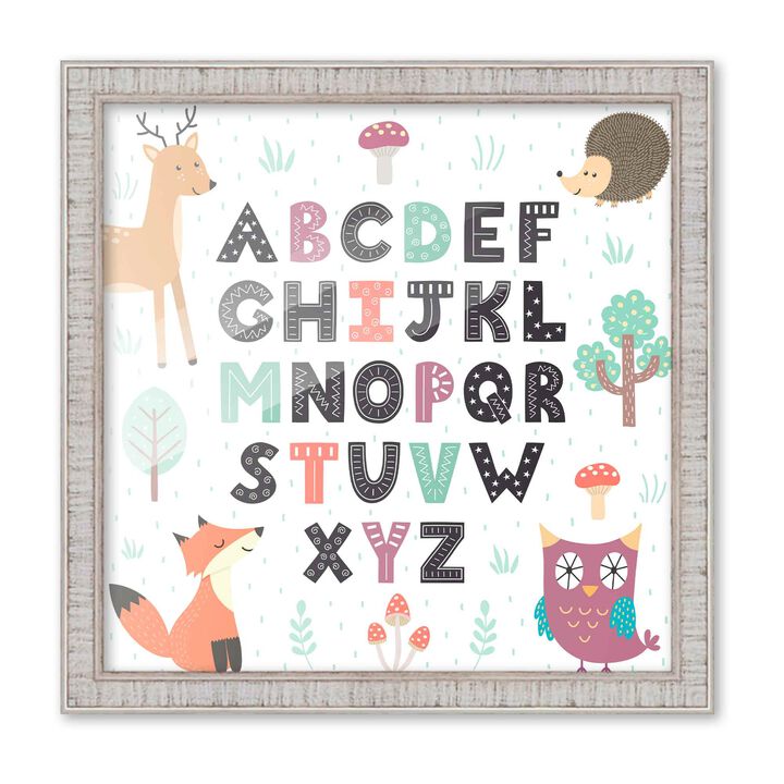 10x10 Framed Nursery Wall Art Woodland Animals ABC Poster In Rustic White Wood Frame For Kid Bedroom or Playroom