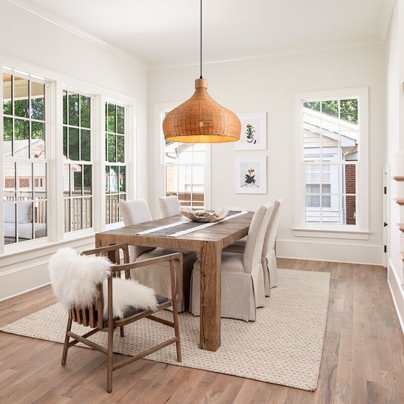 17.7" Boho Handwoven Bamboo Light Brown Dome Pendant Light for Living Room, Dining Room and Kitchen Island