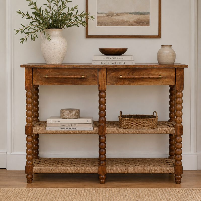 Artisan Furniture Solid Wood Spindle Woven Console, Brown image number 1