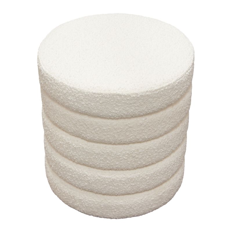 Accent Ottoman, 17 Inch, Ivory Boucle Upholstery, Round Stacked Design