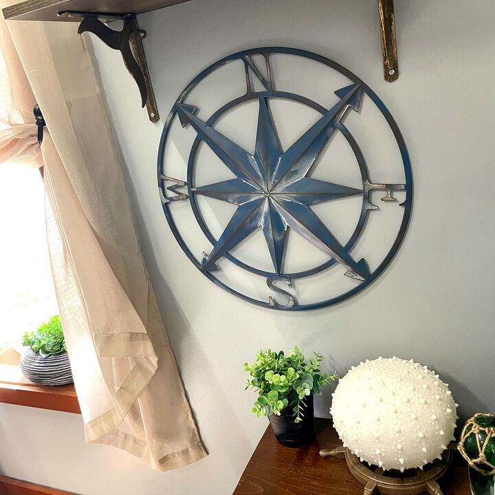 20 Inch Distressed Metal Compass Rose Nautical Wall Decor Indoor Outdoor, Blue