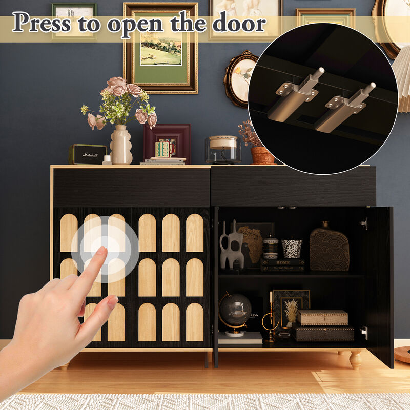 FUFU&GAGA Black and Natural Arch-Design Storage Cabinet with Dual Swing Doors (59" W x 39.3" H x 15.7" D)，Brown