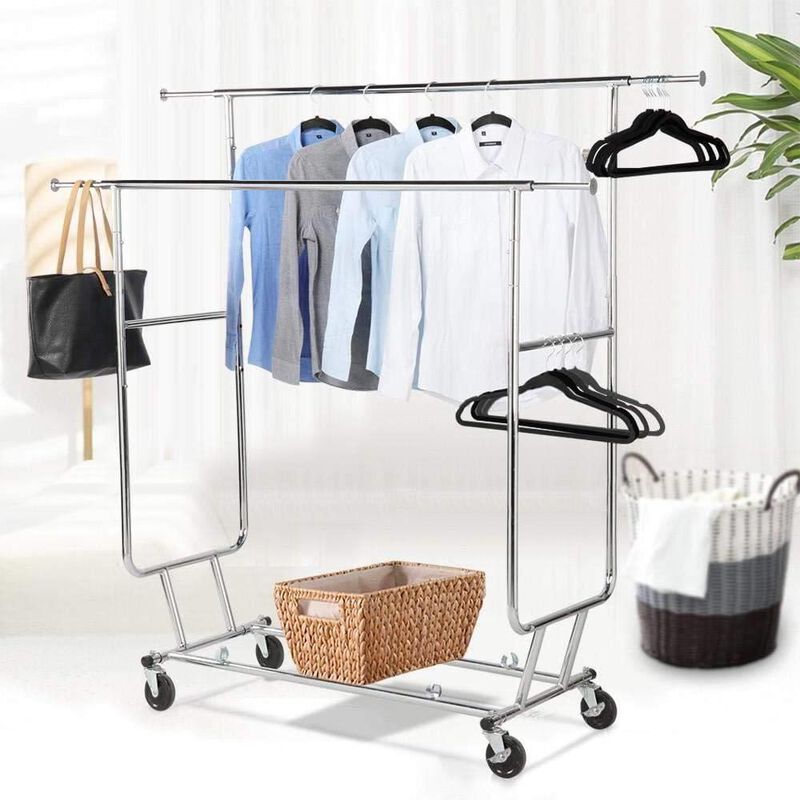 Hivvago Heavy Duty Double Bar Clothes Hanging Garment Rack on Lockable Wheels
