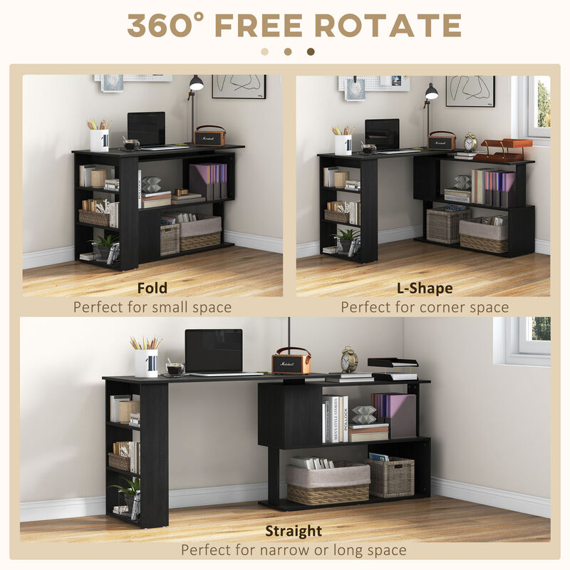 HOMCOM L Shaped Corner Desk, 360 Degree Rotating Home Office Desk with Storage Shelves, Writing Table Workstation, Black