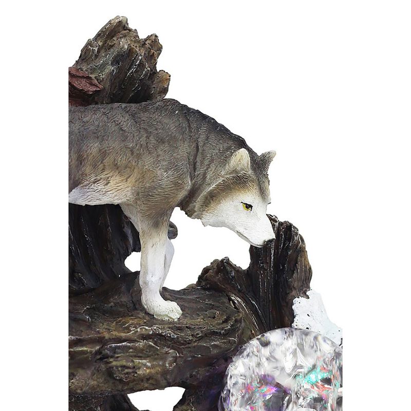 Eci 10 Inch Wolf Tabletop Water Fountain, LED Lights, Painted Gray Finish - Benzara