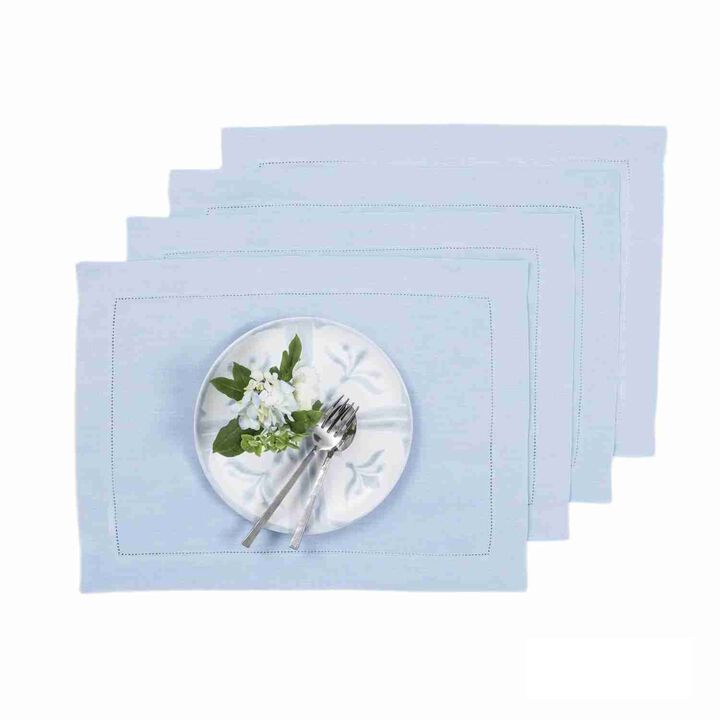 Solino Home 100% Pure Linen Placemats 14 x 19 Inch Set of 4 - Classic Hemstitch