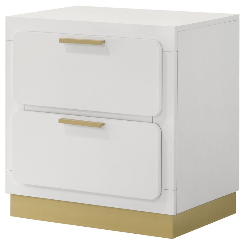 Caer Nightstand, 2 Drawers, Gold Accent Recessed Base, Bar Handles, White - Benzara