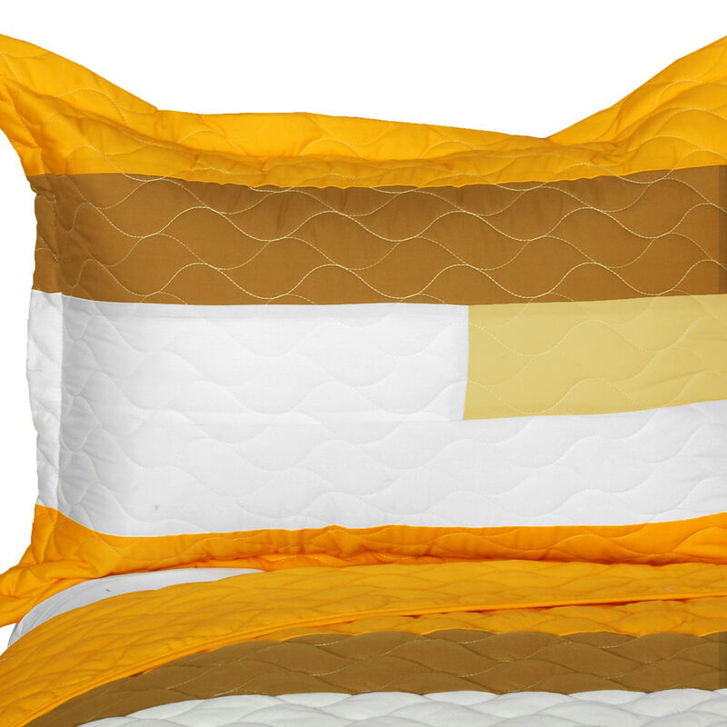 Quin Size 3 Piece Patchwork Striped Quilt Set with Quilted Stitch Design-yellow image number 2
