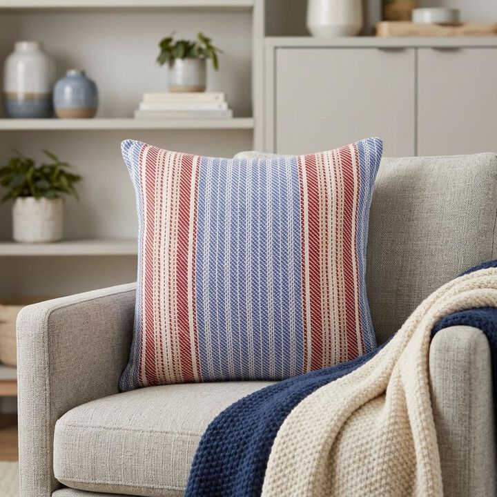 HomeRoots 16" Blue and Red Striped Cotton Throw Pillow