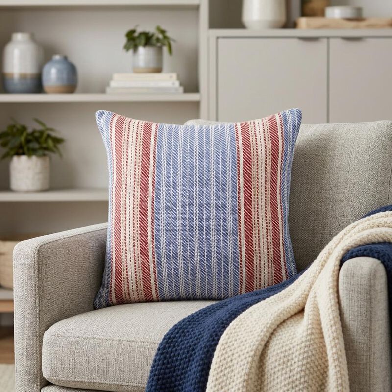 HomeRoots 16" Blue and Red Striped Cotton Throw Pillow image number 1