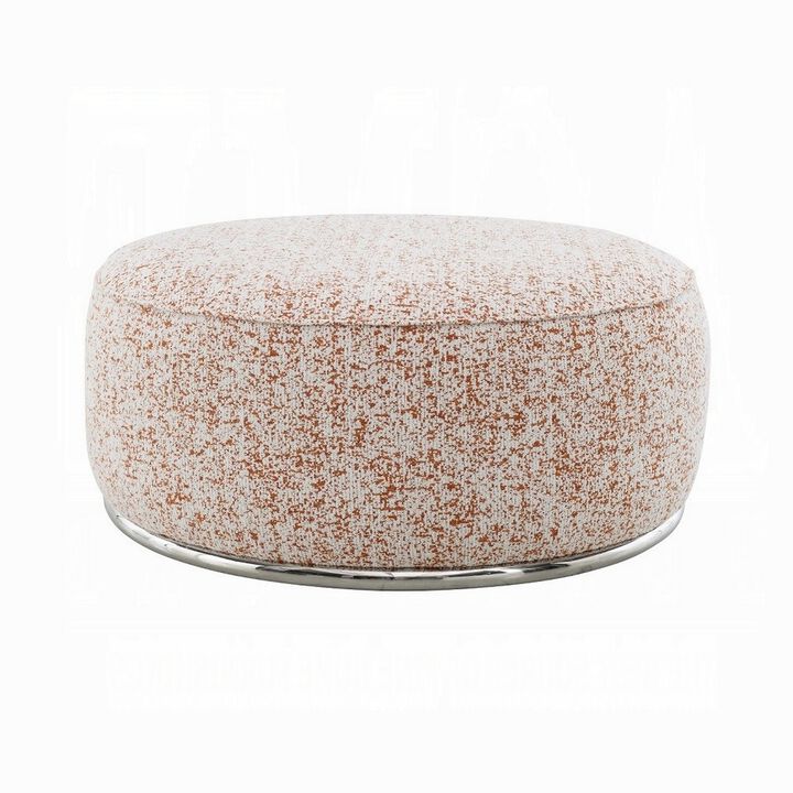 Sarah Ottoman, Round 39 Inch, Modern Style White Red Patterned Boucle - Benzara