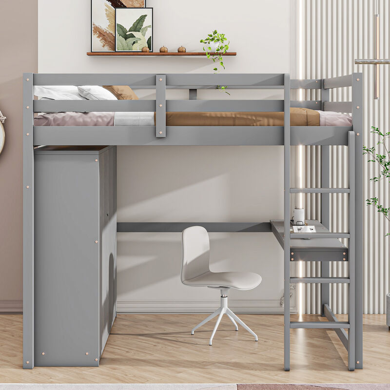 Whisen Wood Full Size Loft Bed with Built-in Wardrobe, Desk, Storage Shelves and Drawers- Grey