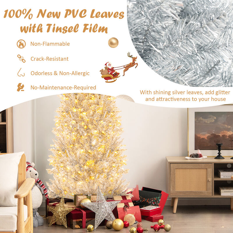 Pre-Lit Artificial Silver Tinsel Christmas Tree for Sparkling Holiday D&eacute;cor with Bright LED Lights