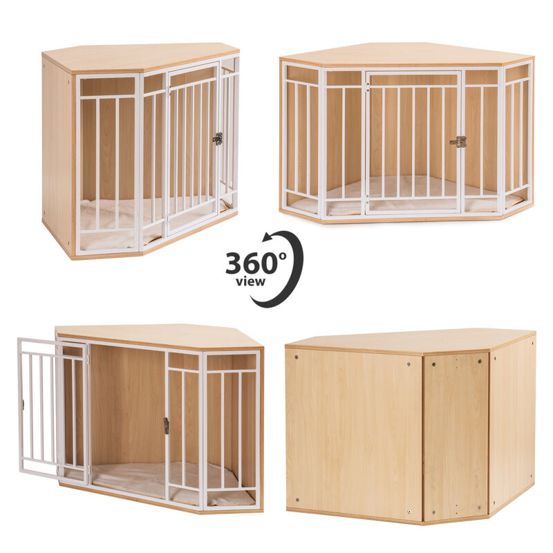 Corner Dog Crate with Cushion, Dog Kennel with Wood and Mesh, Doghouse, Pet Crate Indoor Use