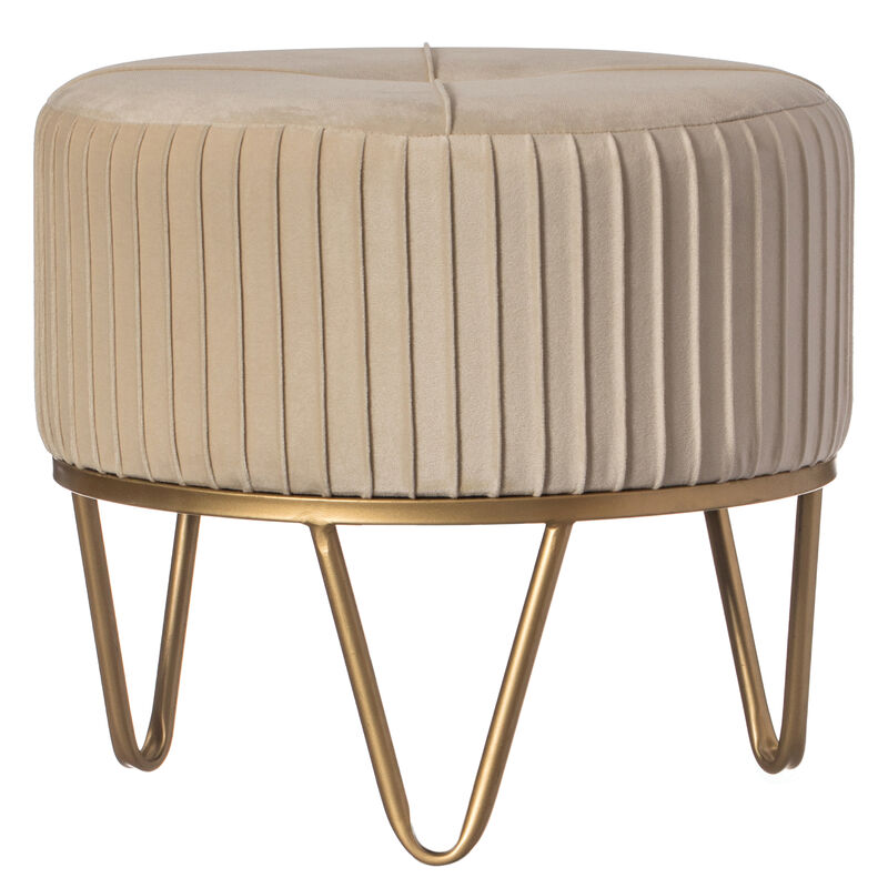 Round Velvet Ottoman Stool Raised with Hairpin Gold Base, Cream, Small