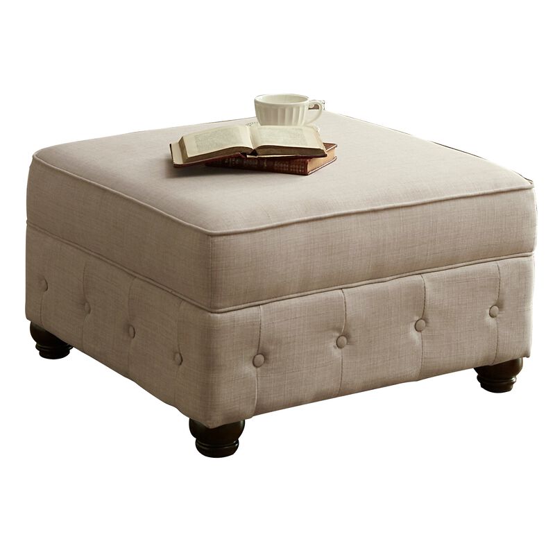 Classic Button-Tufted Linen Ottoman with Vintage Wooden Legs
