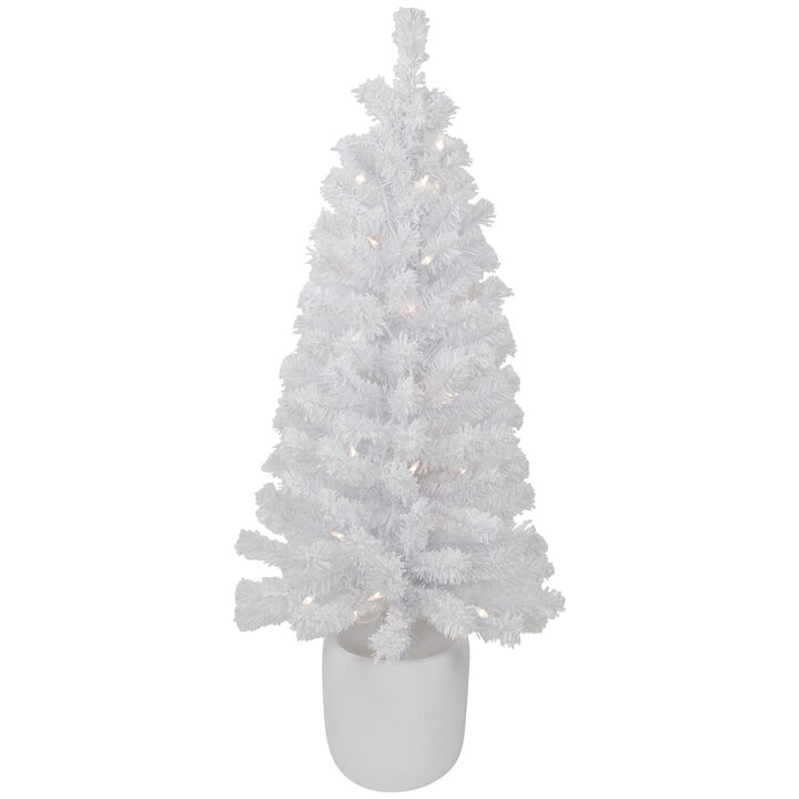 3.5' Pre-Lit Potted Flocked Winter Pine White Tinsel Artificial Christmas Tree  Clear Lights