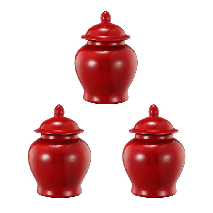 6 Inch Small Ginger Jar, Lidded, Porcelain, Bell Shape Set of 3, Red-Benzara