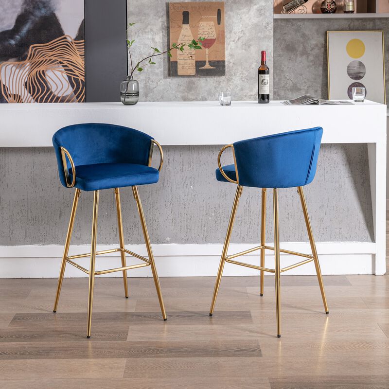 26 Inch Set of 2 Velvet Bar Stools with Chrome Footrest and Golden Base Counter Height Stools image number 5
