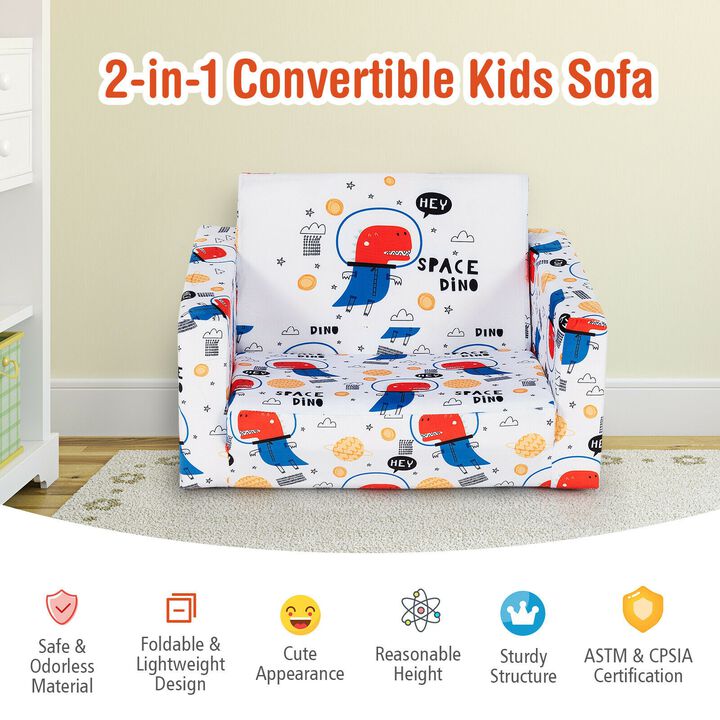 2-in-1 Convertible Kids Sofa with Velvet Fabric - Space Dino