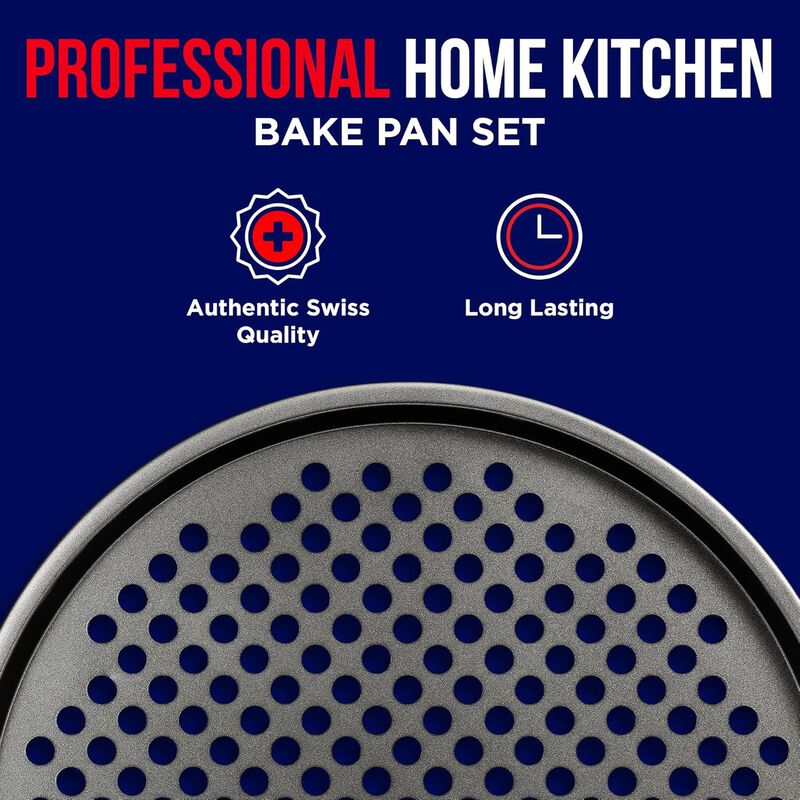 BAKKENMASTER Bakken- Swiss Non-Stick Pizza Pan with Holes - 13-Inch Perforated Pizza Crisper Carbon Steel Pizza Pan - 2 Round Pizza Trays - PFOA PFOS and PTFE Free