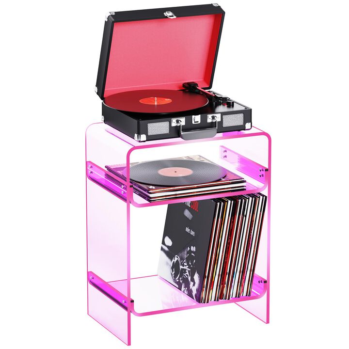 Acrylic Record Player Table with Storage Shelf, Clear Side Table Nightstand (Pink)