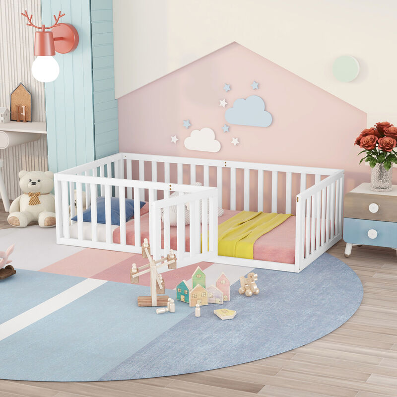 Streamdale Twin Size Wood Floor Bed Frame With Fence And Door image number 1