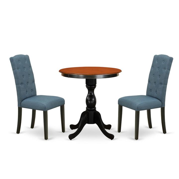 East West Furniture 3-Piece Dining Room Table Set Consist of Dining Table and 2 Blue Linen Fabric Upholstered Chairs with Button Tufted Back - Black Finish