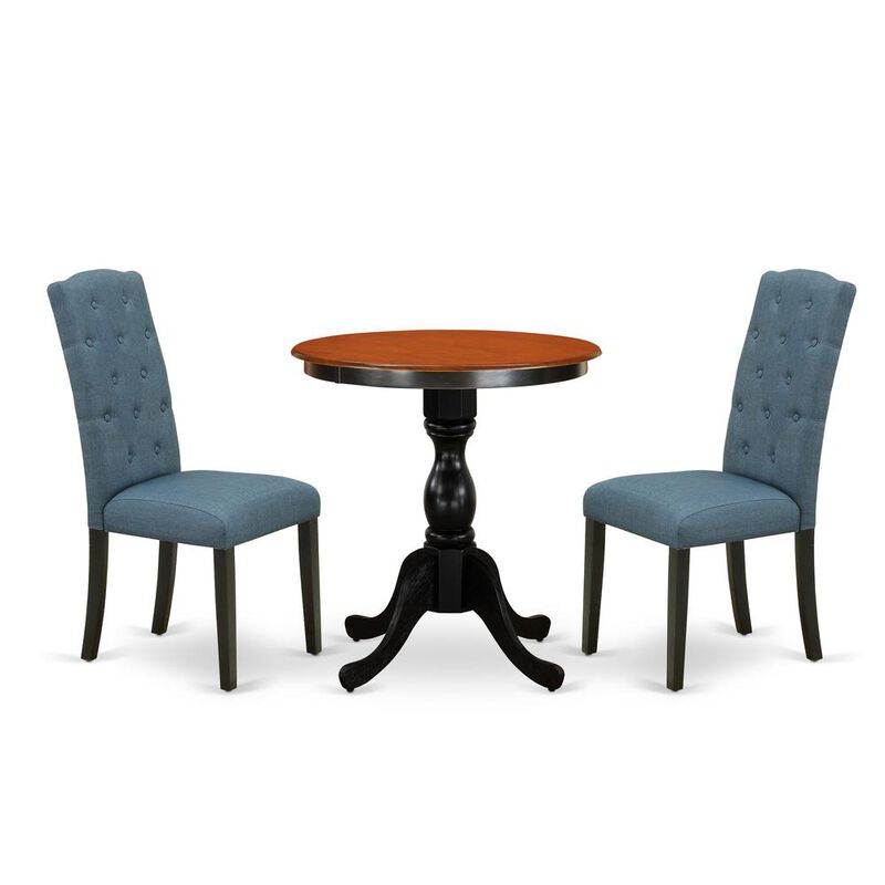 East West Furniture 3-Piece Dining Room Table Set Consist of Dining Table and 2 Blue Linen Fabric Upholstered Chairs with Button Tufted Back - Black Finish