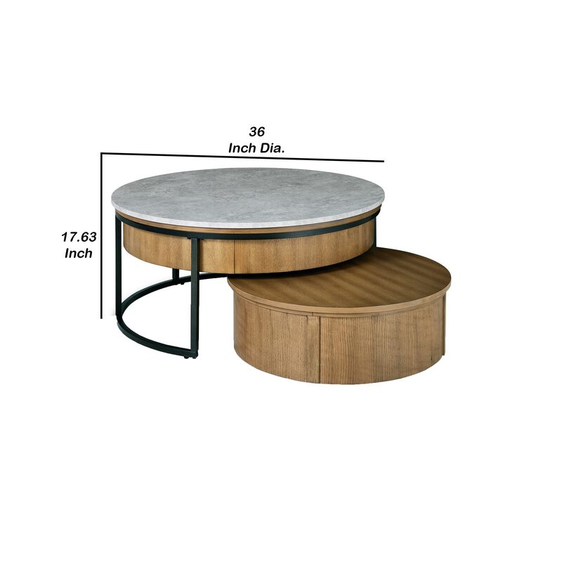 36 Inch 2 Piece Round Nesting Coffee Table, Lift Top Storage, Wheels, Brown