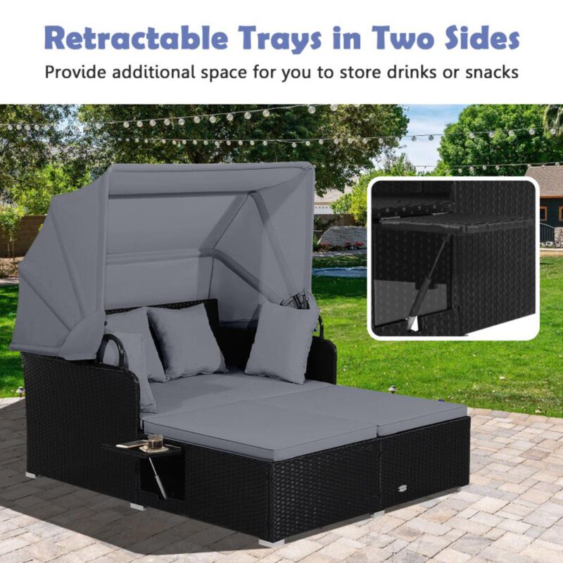 Patio Rattan Daybed with Retractable Canopy and Side Tables image number 5