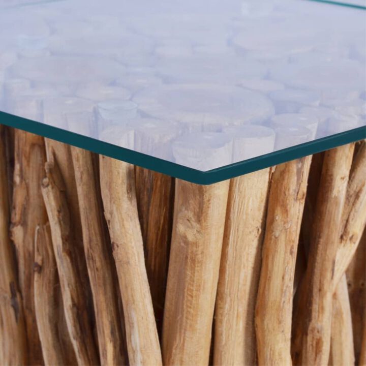 vidaXL Coffee Table with Glass Top 26"x26"x15.7" Solid Teak Wood