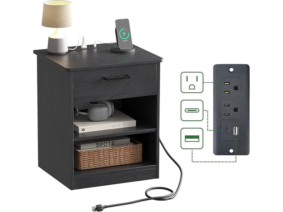 ODIKA Wooden Black Nightstand Bedside Table with Drawer