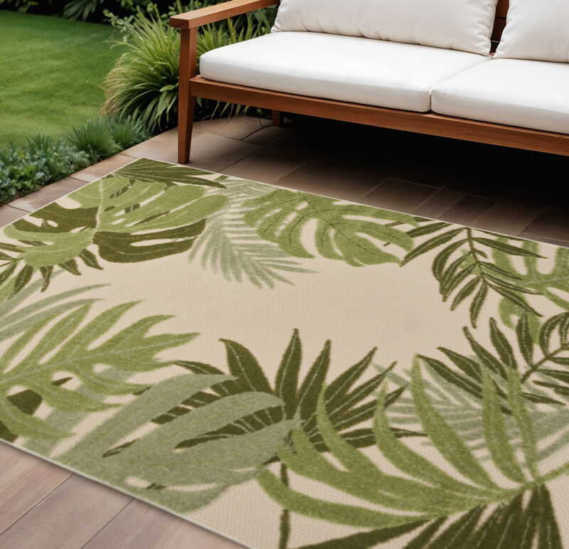 HomeRoots 12' X 15' Ivory And Green Palm Leaf Indoor Outdoor Area Rug image number 1