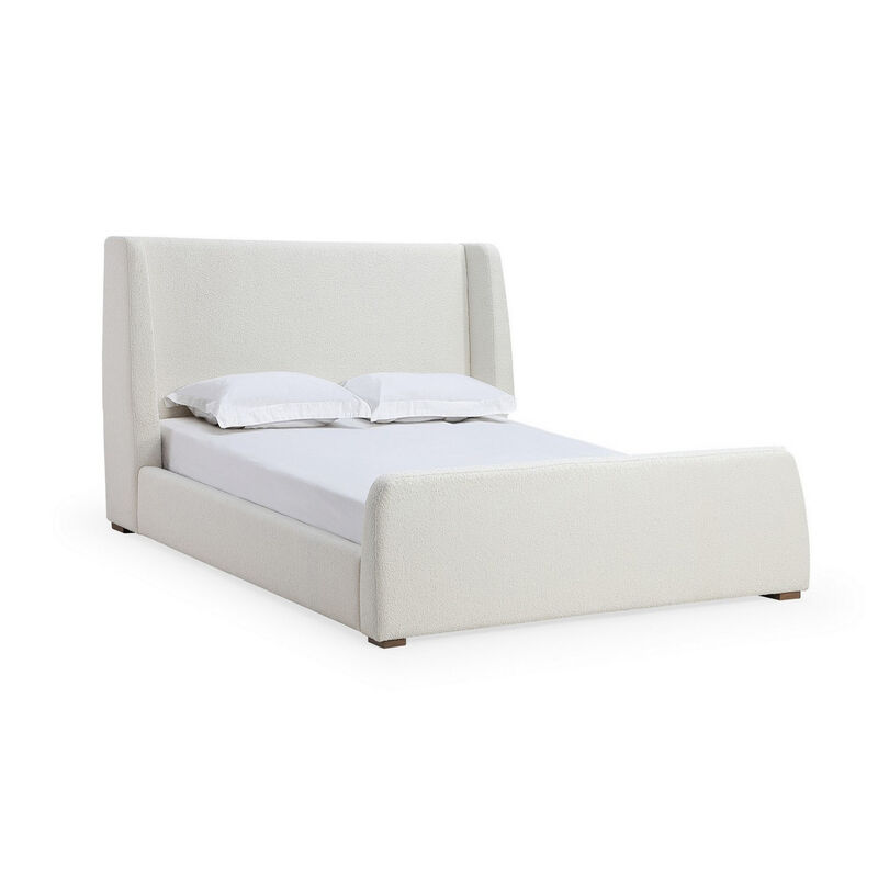 Mosi Queen Platform Bed, Wingback Headboard, White Boucle Fabric Upholstery - Benzara