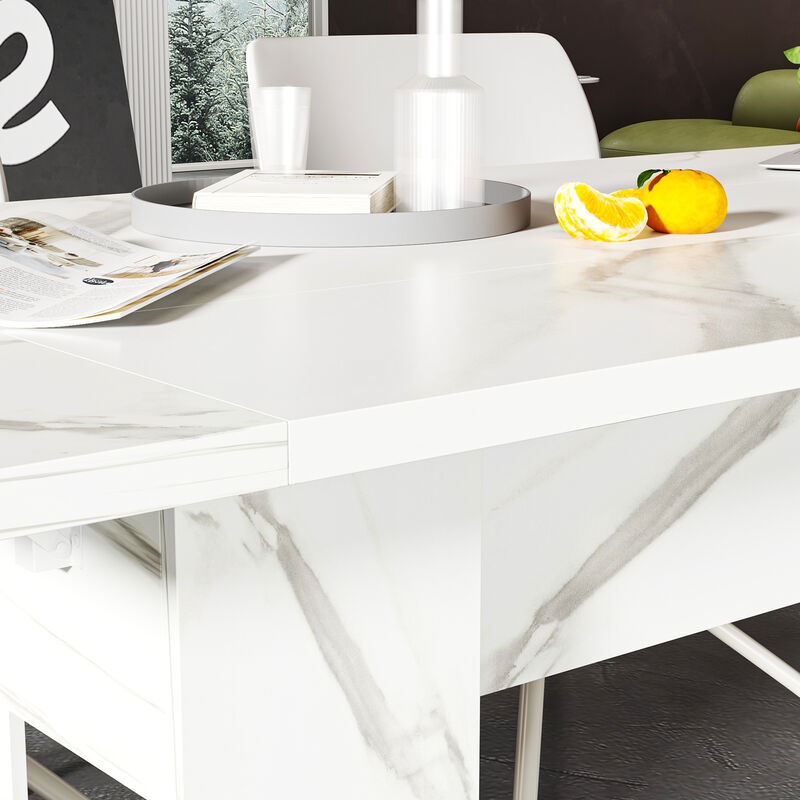 FUFU&GAGA Modern Marble-Top Textured Finish Desk, Sturdy Base and Smooth Surface (94.5 in. W x 35.4 in. D x 35.4 in. H), White