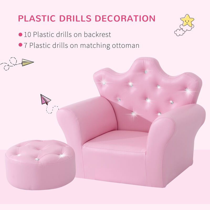 Kids Sofa Set with Footstool, Princess Sofa with Diamond Decoration, Pink