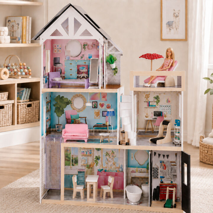 Teamson Kids 3-Story Furnished Dreamland Mansion Dollhouse with Garage, Terrace, Elevator, Spiral Staircase and Accessories