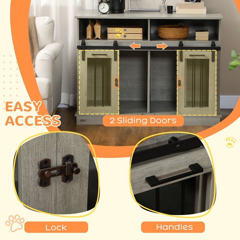 Gray Pet Furniture: Large Dog Crate with Shelves & Sliding Doors