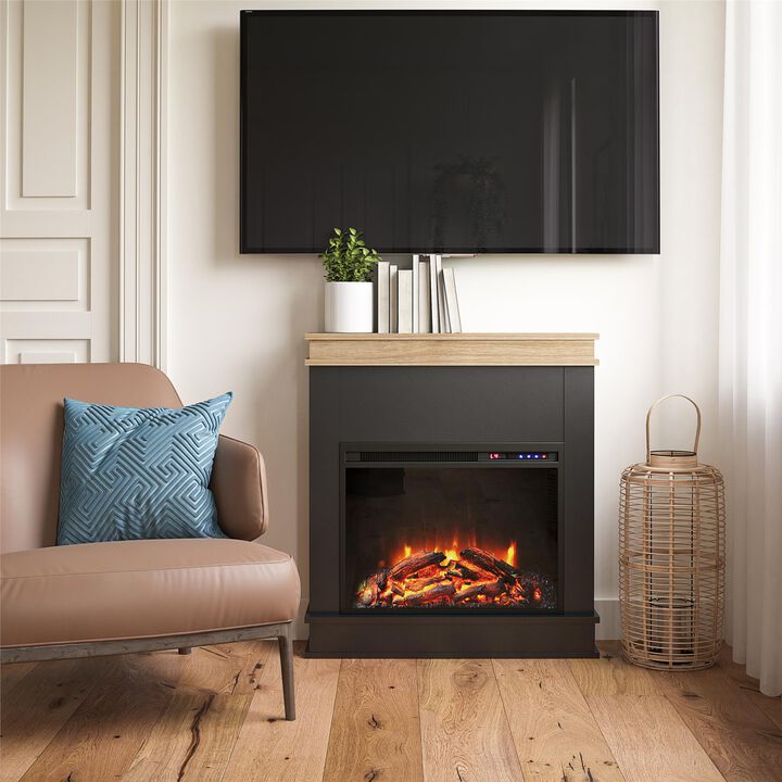 Mateo Electric Fireplace with Mantel and Touchscreen Display, Black with Natural Mantel