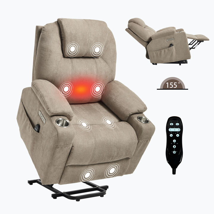 Chenille Power Lift Recliner Chair, Heavy Duty Motion Mechanism with Massage and Lumbar Heating, USB and Type-C Ports