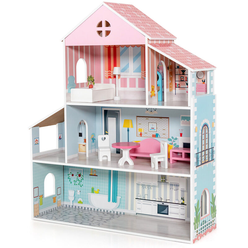 3-Tier Toddler Doll House with Furniture Gift for Age over 3 image number 7