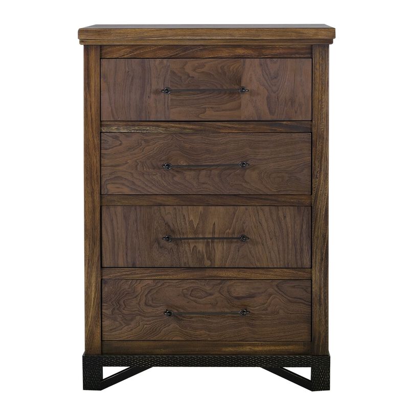 Ally Tall Dresser Chest, 4 Drawers, Classic Walnut Brown Parota Wood - Benzara