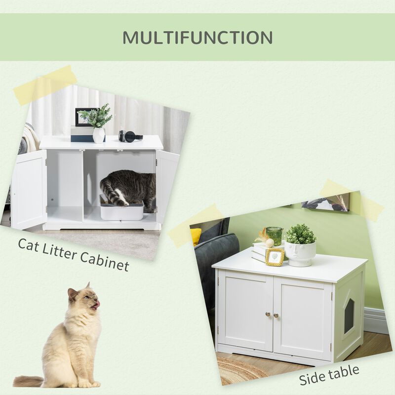Cat Litter Box Enclosure with Adjustable Partition, Cat Washroom Side Table with Cat Hole, Hidden Litter Box with Double Magnetic Doors, White