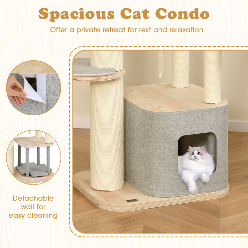 Tall Cat Tree Modern Wooden Cat Tower with Perch Condo Hammock