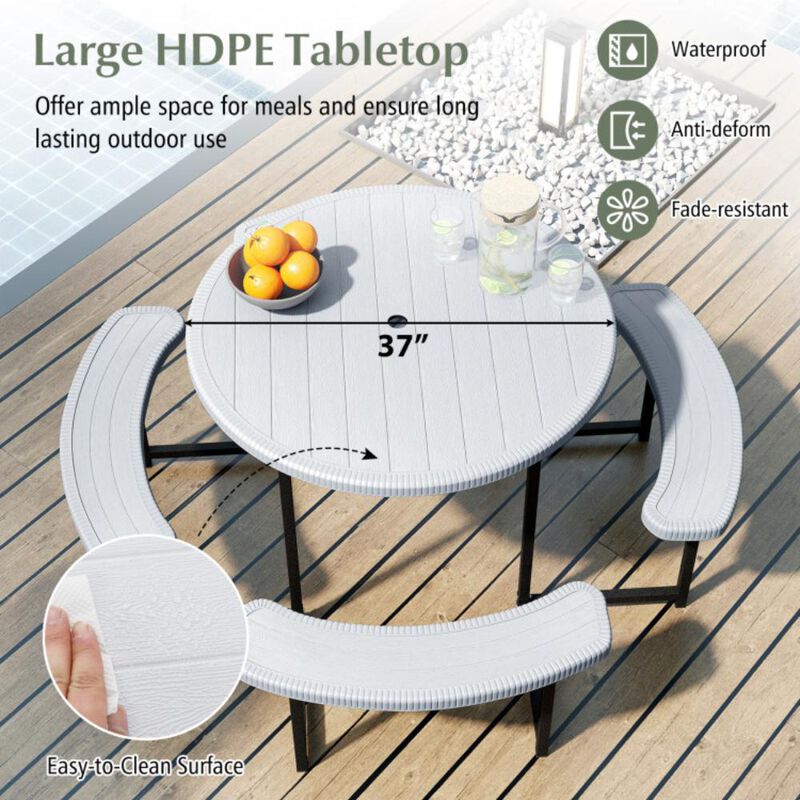 Hivvago Round Picnic Table Bench Set with 4 Benches and Umbrella Hole for Patio Lawn