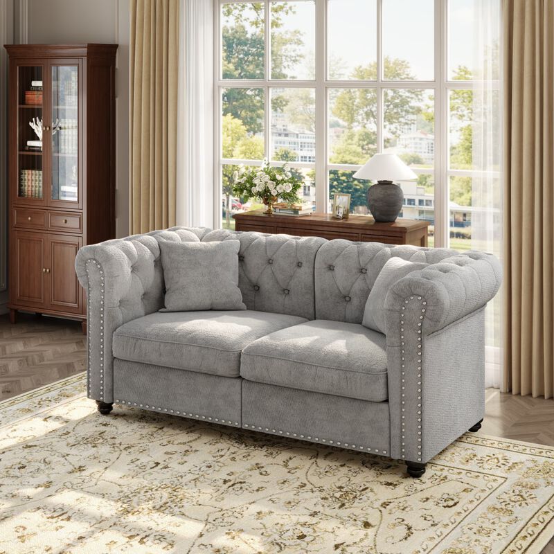 1 piece Chesterfield Sofa tufted design and nailhead trim deep seat comfort sectional sofa, sectional sofa rolled arms home or office, chenille sectional sofa plush cushion image number 3