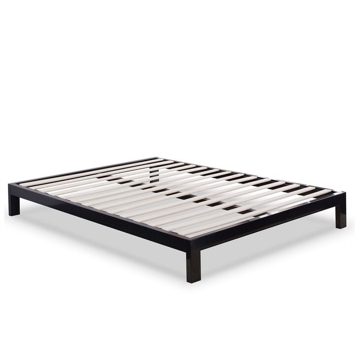 QuikFurn Queen Modern Black Metal Platform Bed Frame with Wooden Slats